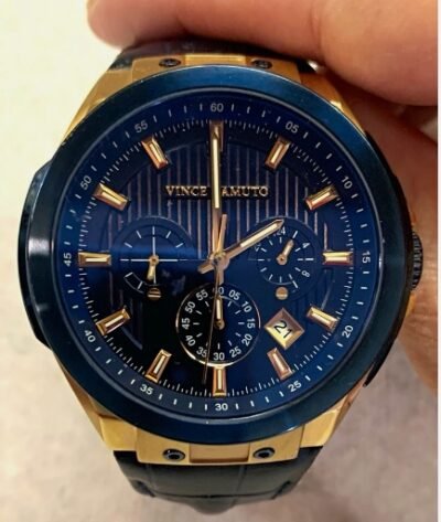Vince Camuto Multifunction Blue Dial Gold Case Black Leather Quartz Date Watch